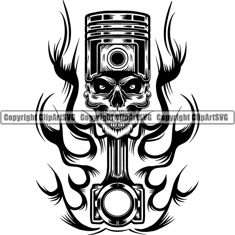 Motorcycle Chopper Motor Repair Mechanic Service Skeleton Logo Engine Piston Skull Fire ClipArt SVG