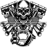 Motorcycle Chopper Motor Repair Mechanic Service Skeleton Logo Skulls Engine Mufflers Power ClipArt SVG