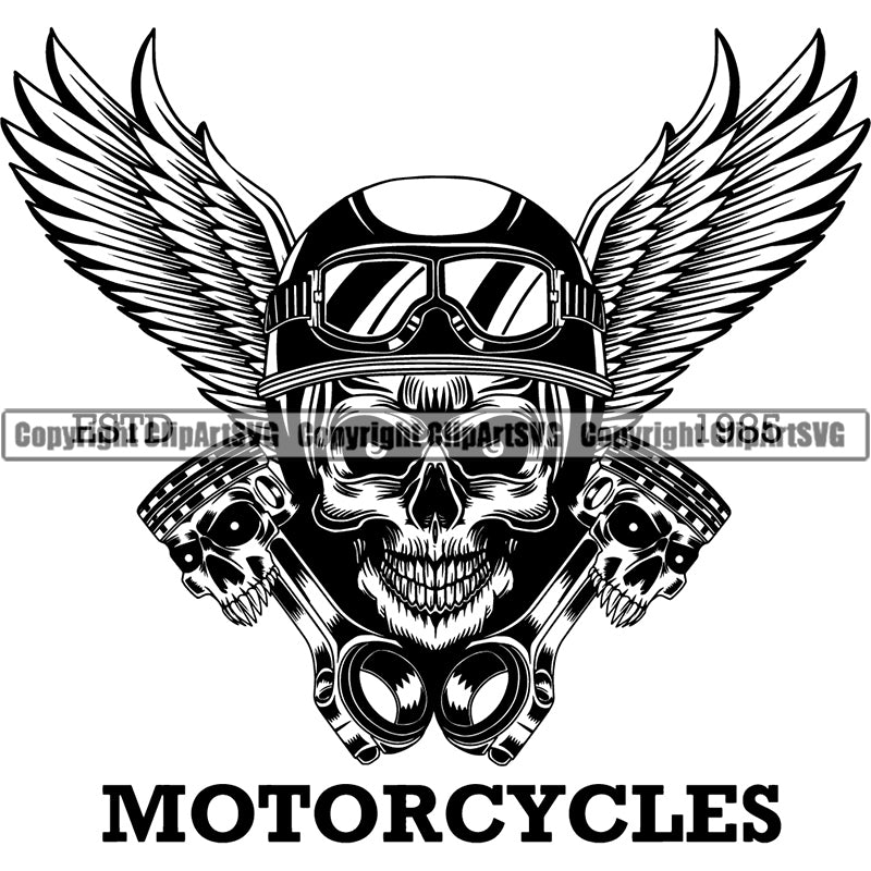 Motorcycle Chopper Motor Repair Mechanic Service Skeleton Logo Auto Parts Engine Piston Skull Wing ClipArt SVG