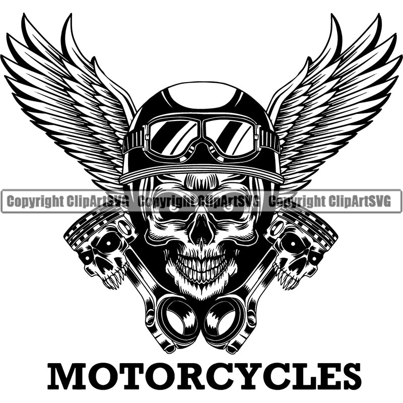 Motorcycle Chopper Motor Repair Mechanic Service Skeleton Logo Auto Parts Engine Piston Skull Helmet Wing ClipArt SVG