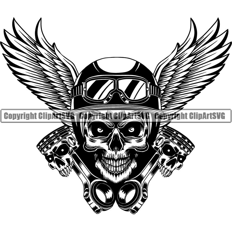 Motorcycle Chopper Motor Repair Mechanic Service Skeleton Logo Auto Parts Engine Piston Skull Helmet Wing ClipArt SVG
