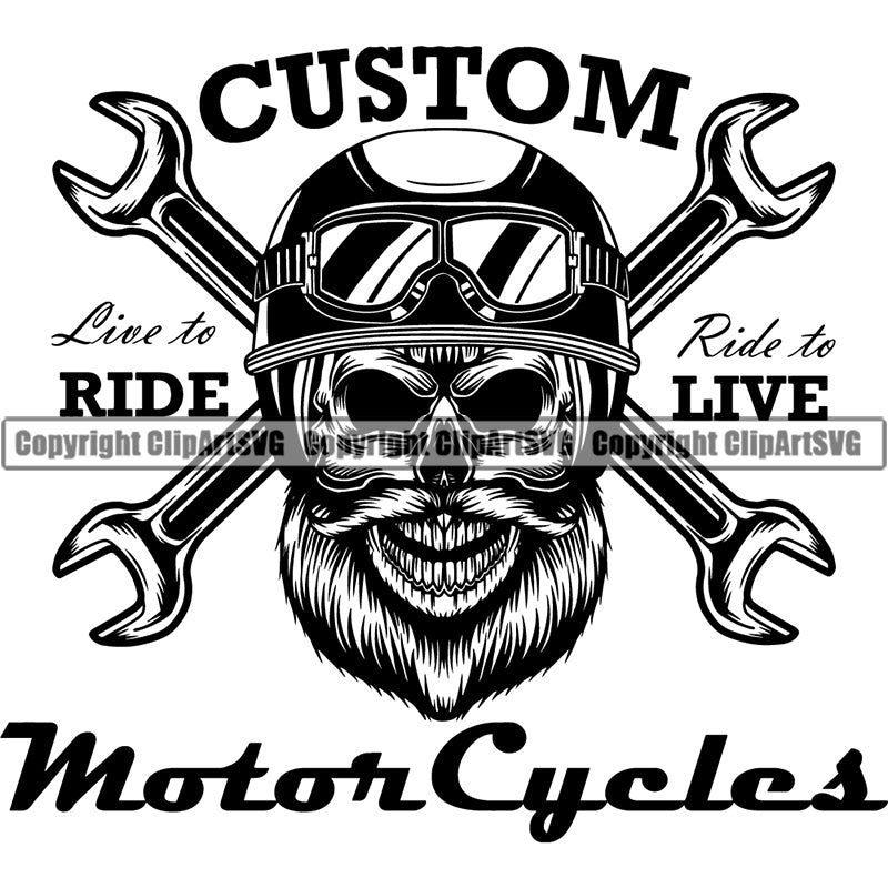 Mechanic Repair Shop Garage Motorcycle Helmet Googles Wrench Skull Skeleton ClipArt SVG