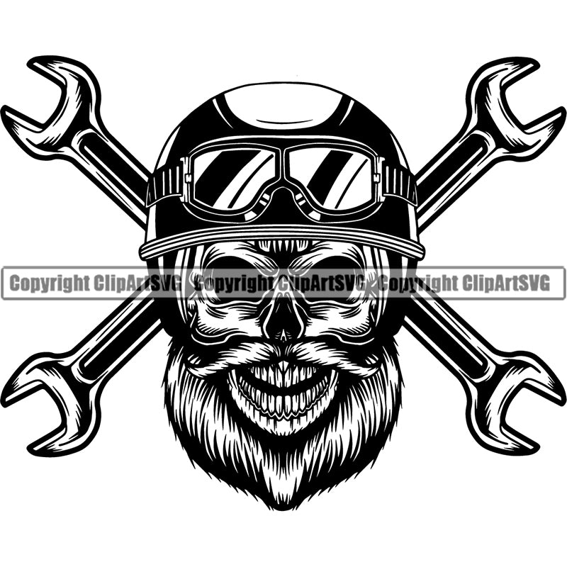 Mechanic Repair Shop Garage Motorcycle Helmet Googles Wrench Skull ClipArt SVG