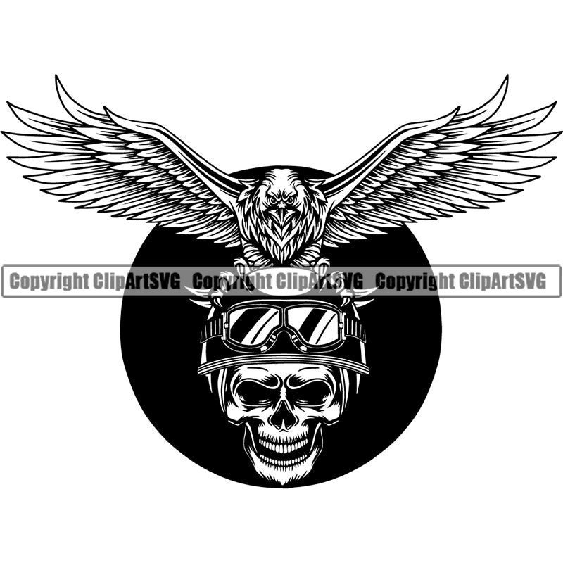 Eagle American Bald Bird Logo Ribbon Skull Biker Motorcycle Chopper Motor Repair Mechanic Service Skeleton Helmet ClipArt SVG