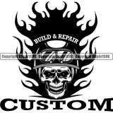 Fire Skull Emblem Badge Logo Build Motorcycle Chopper Motor Repair Mechanic Service Skeleton Helmet ClipArt SVG