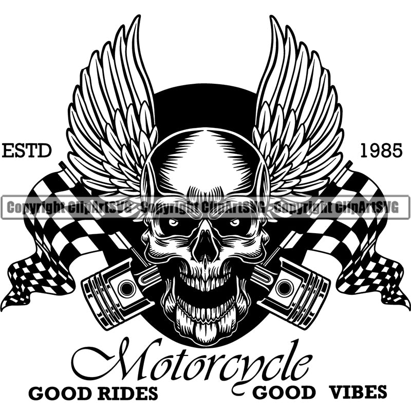 Mechanic Racing Logo Auto Parts Engine Piston Skull Wing Motorcycle Chopper Motor Repair Service Skeleton ClipArt SVG