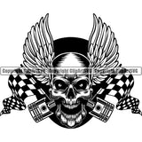 Mechanic Racing Logo Auto Parts Engine Piston Skull Motorcycle Chopper Motor Repair Service Skeleton Wing ClipArt SVG