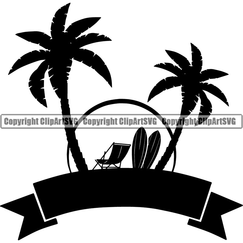 Nature Beach Logo Tropical Island Summer Beach Chair Palm Tree ClipArt SVG