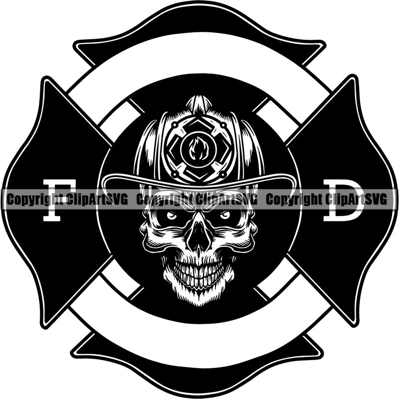 Firefighting Firefight Firefighter Fire Fight Emblem Badge Logo Skull Skeleton Scary Evil Horror Halloween Death Dead ClipArt SVG