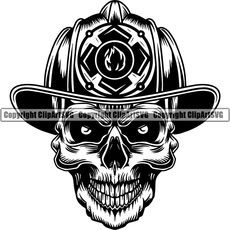 Firefighting Firefight Firefighter Fire Fight Emblem Badge Logo Skull Skeleton Scary Evil Horror Halloween Death Dead ClipArt SVG