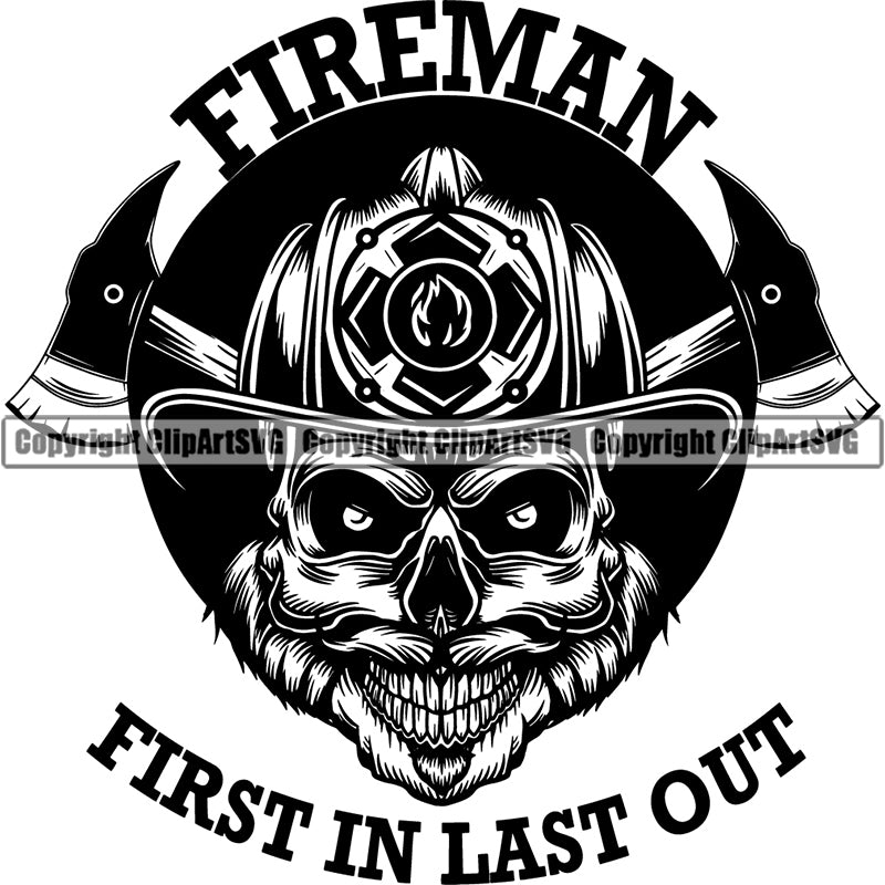 Skull Skeleton Scary Evil Horror Halloween Death Dead Firefighting Firefight Firefighter Fire Fight Emblem Badge Logo Skull ClipArt SVG