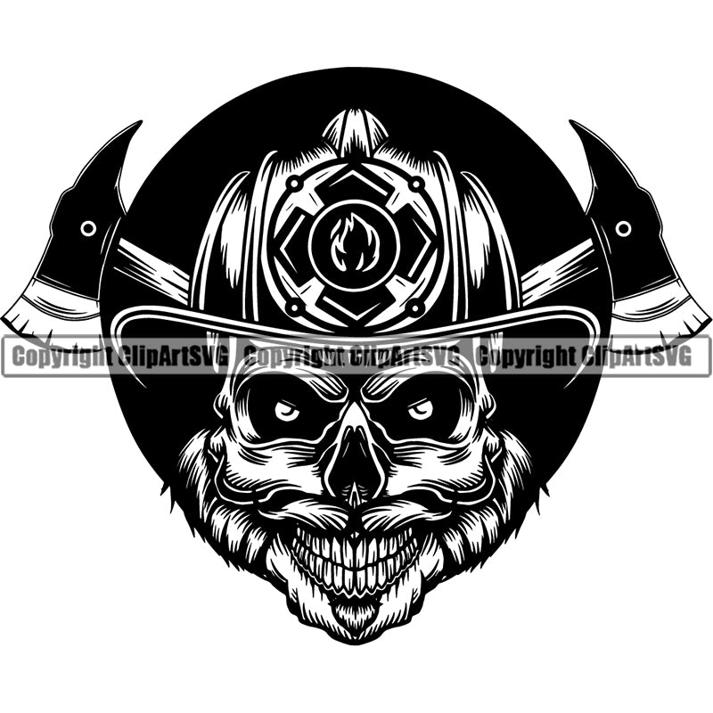 Skull Skeleton Scary Evil Horror Halloween Death Dead Firefighting Firefight Firefighter Fire Fight Emblem Badge Logo Skull ClipArt SVG