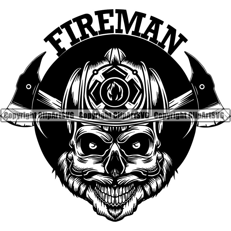 Skull Skeleton Scary Evil Horror Halloween Death Dead Firefighting Firefight Firefighter Fire Fight Emblem Badge Logo Skull ClipArt SVG