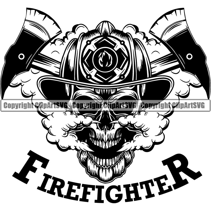 Skull Skeleton Scary Evil Horror Halloween Death Dead Firefighting Firefight Firefighter Fire Fight Emblem Badge Logo Skull ClipArt SVG