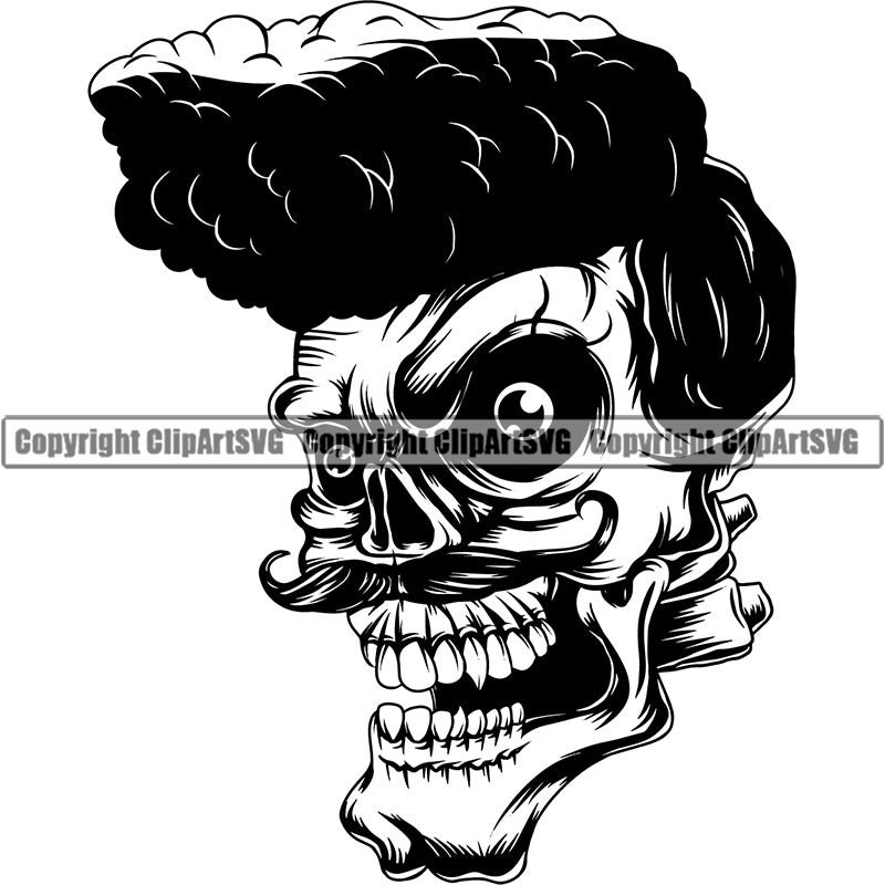 Skull With Mustache 50's Haircut Skeleton ClipArt SVG