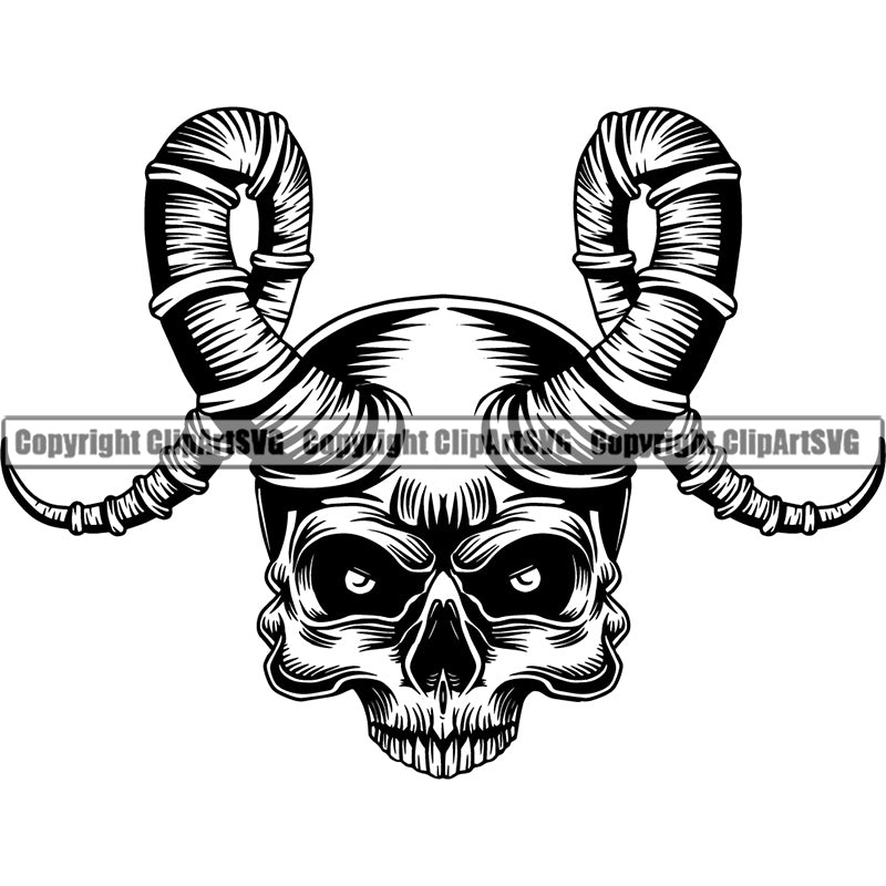 Skull Horns Devil Smile Evil Half Face Horror Bizarre Skeleton Scary Vector ClipArt SVG