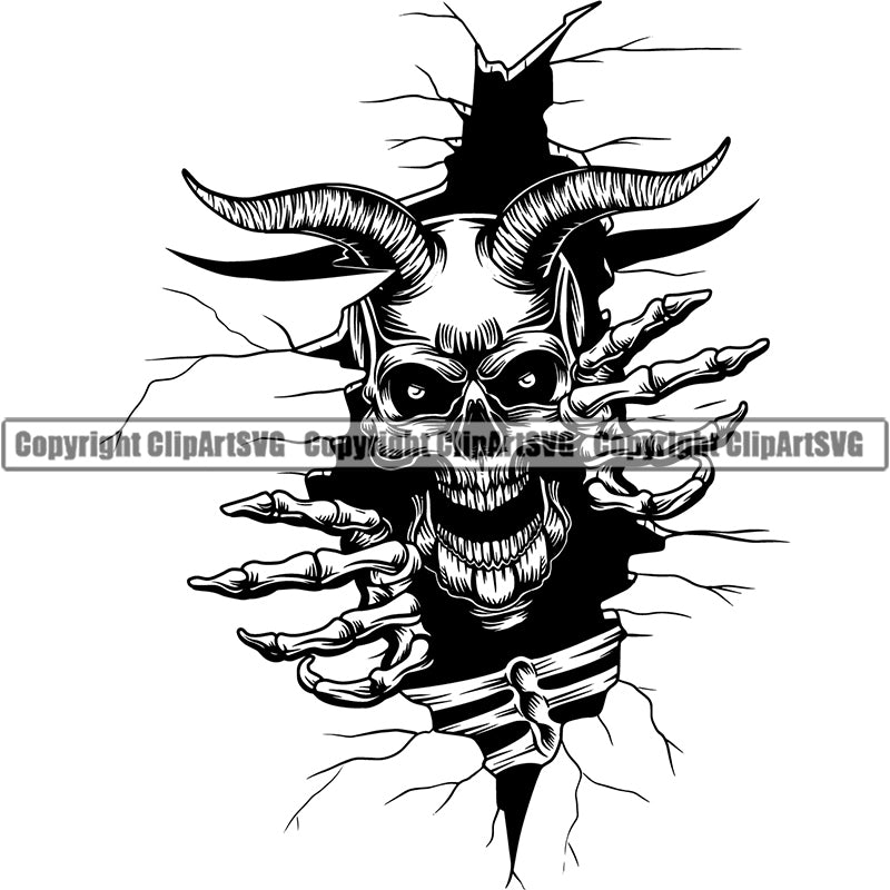 Skull Horns Skeleton Peeking Devil Smile Evil Face Horror Bizarre Pattern Scary Vector ClipArt SVG