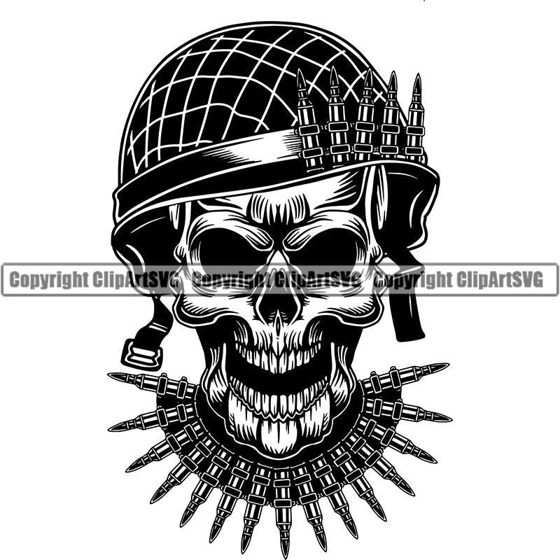Soldier Skull Machine Guns  Bullets Military Weapon Skeleton Helmet Army Logo ClipArt SVG