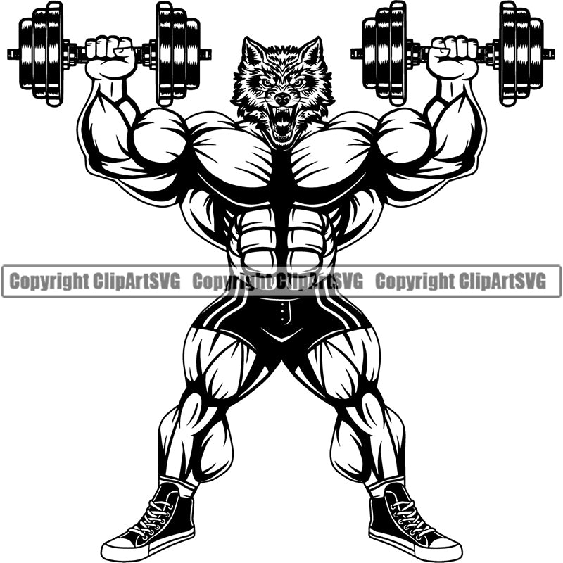 Wolf Sports Bodybuilding Fitness Muscle Bodybuilder Lifting Weight Barbell ClipArt SVG