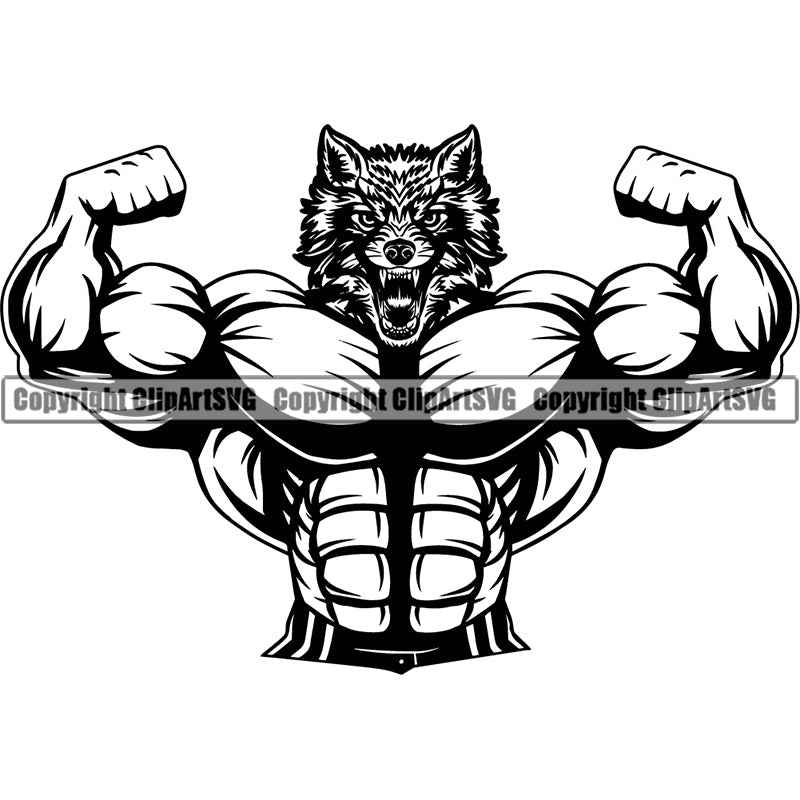Wolf Sports Bodybuilding Fitness Muscle Bodybuilder Lifting Weight Barbell ClipArt SVG