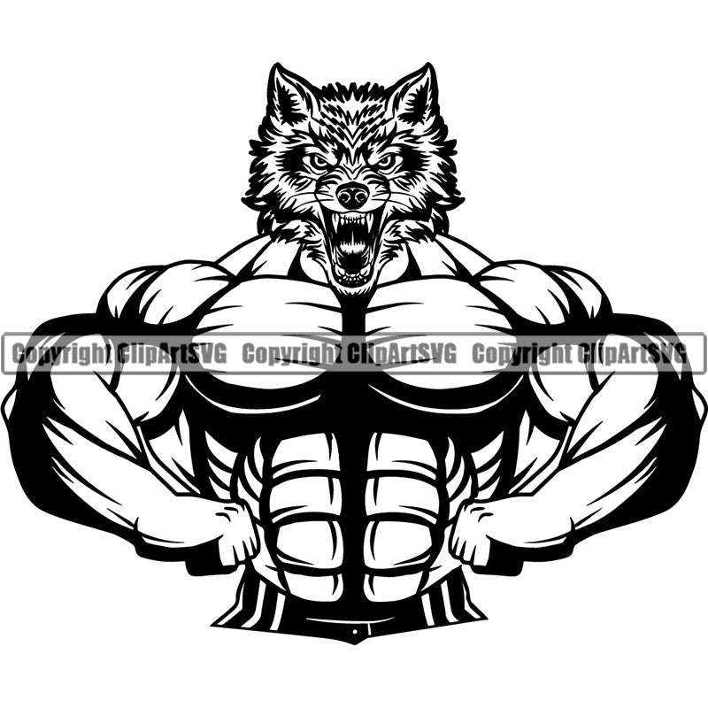 Wolf Sports Bodybuilding Fitness Muscle Bodybuilder Lifting Weight Barbell ClipArt SVG