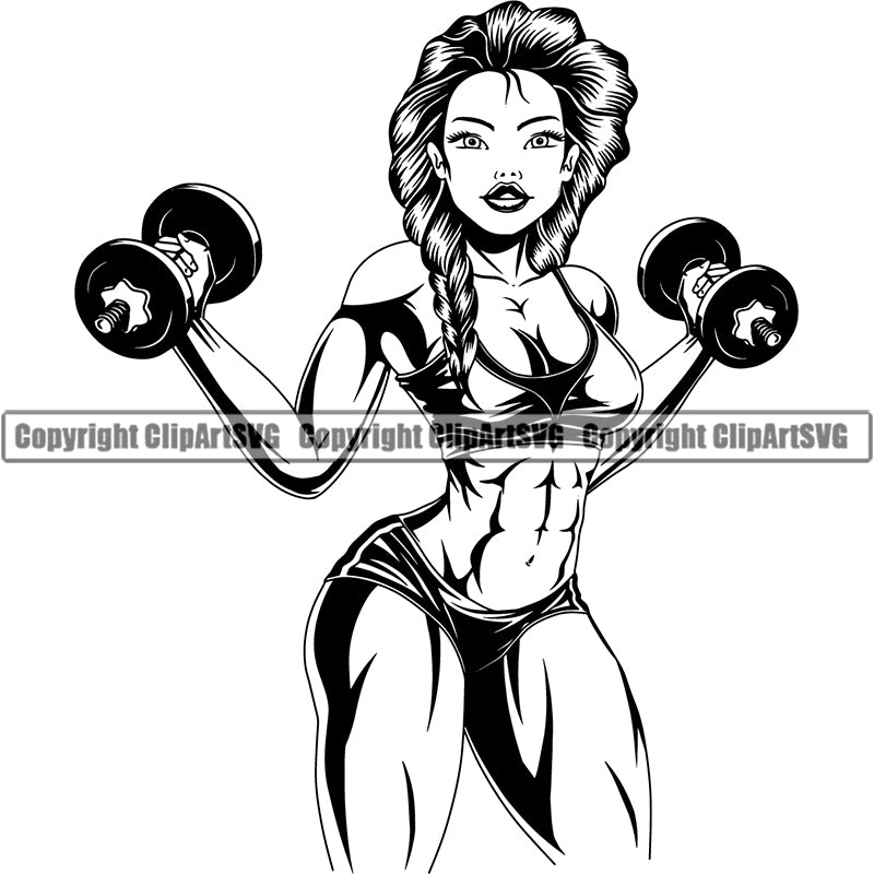 Female Gym Sports Bodybuilding Fitness Muscle Bodybuilder Dumbell ClipArt SVG