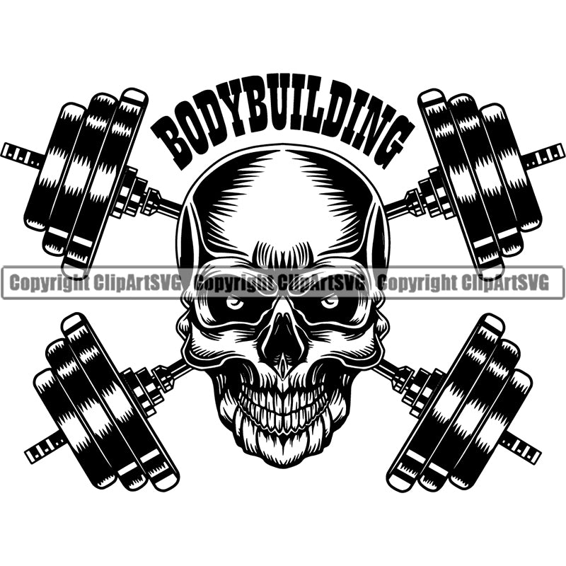 Logo Gym Sports Bodybuilding Fitness Muscle Kettle Bell Skull Skeleton ClipArt SVG