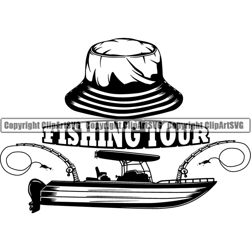 Sports Game Hat Fishing Tour Logo Fish Hunt Boat River Fresh Water ClipArt SVG