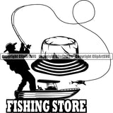 Sports Game Hat Fishing Store Logo Fish Hunt Boat River Fresh Water ClipArt SVG