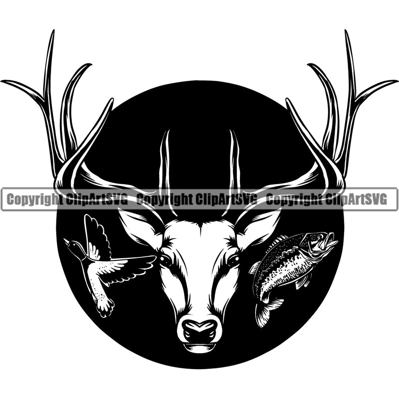 Occupation Sports Game Hunting Logo Hunter Fish Horn Deer Ducks ClipArt SVG