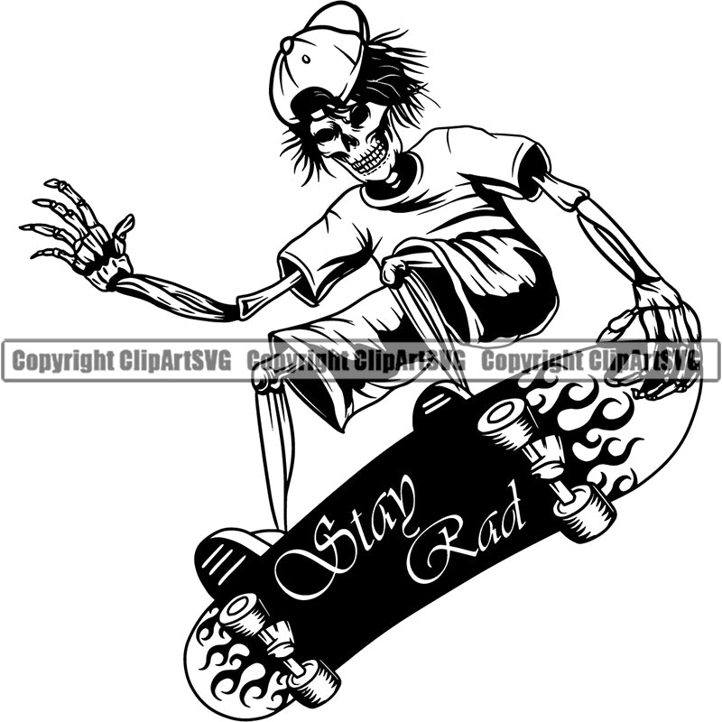 Sports Skateboarding Skateboard Skeleton Stay Road Logo Skull Jump Trick ClipArt SVG