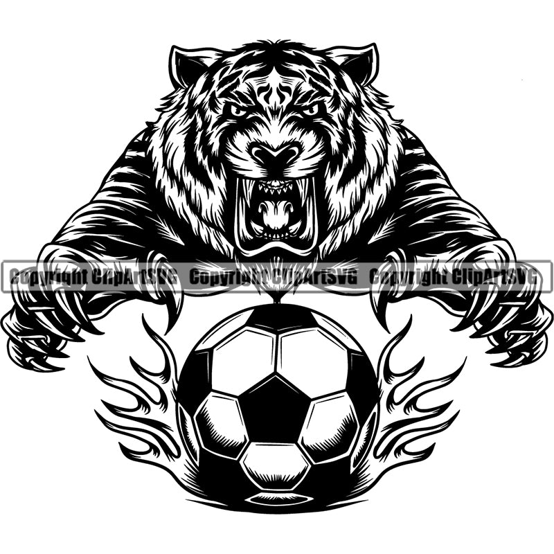 Sports Soccer Tiger Mascot Ball Fire Logo ClipArt SVG