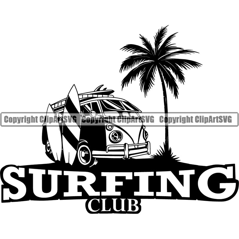 Sports Surfing Club Surf Logo Palm Three Minivan ClipArt SVG