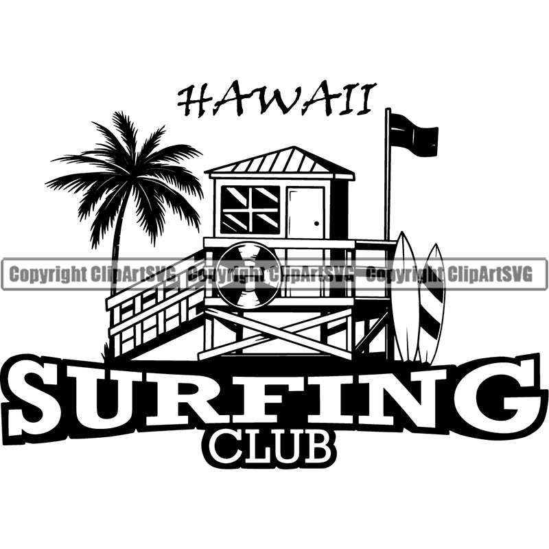 Sports Surfing Club Surf Logo Palm Three Watch Tower Hawaii Flag ClipArt SVG