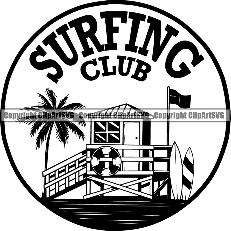Sports Surfing Club Surf Logo Palm Three Watch Tower Hawaii Flag ClipArt SVG