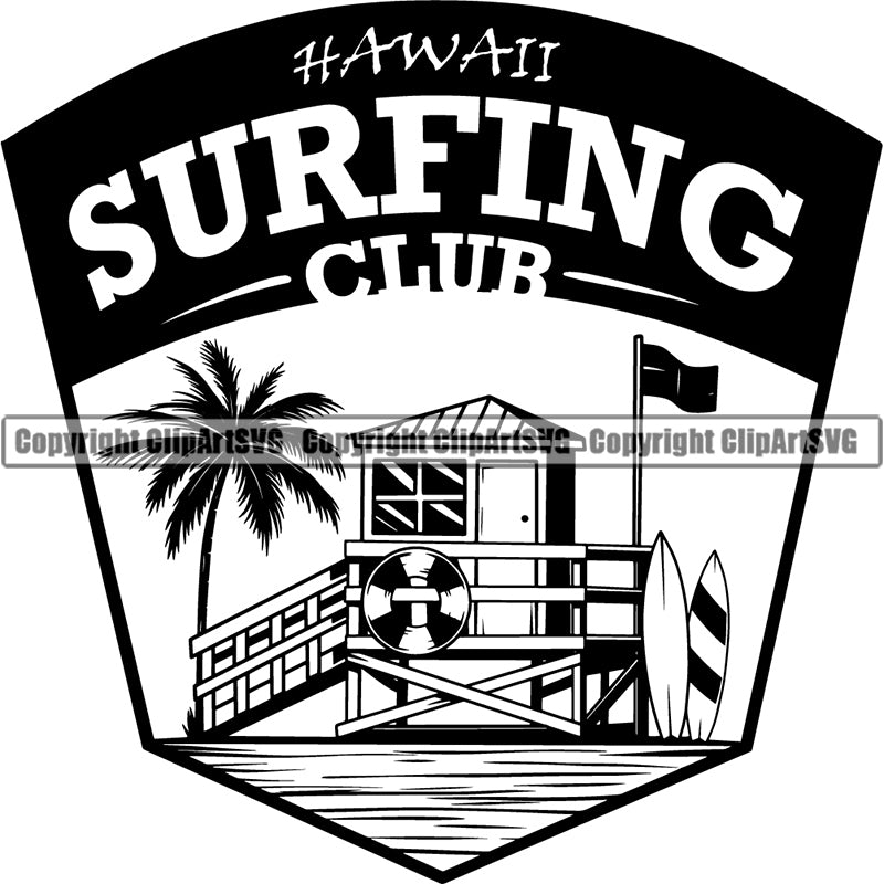 Sports Surfing Club Surf Logo Palm Three Watch Tower Hawaii Flag ClipArt SVG
