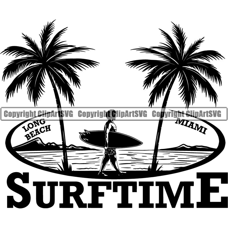 Sports Surfing Surf Logo Man Palm Three Beach ClipArt SVG