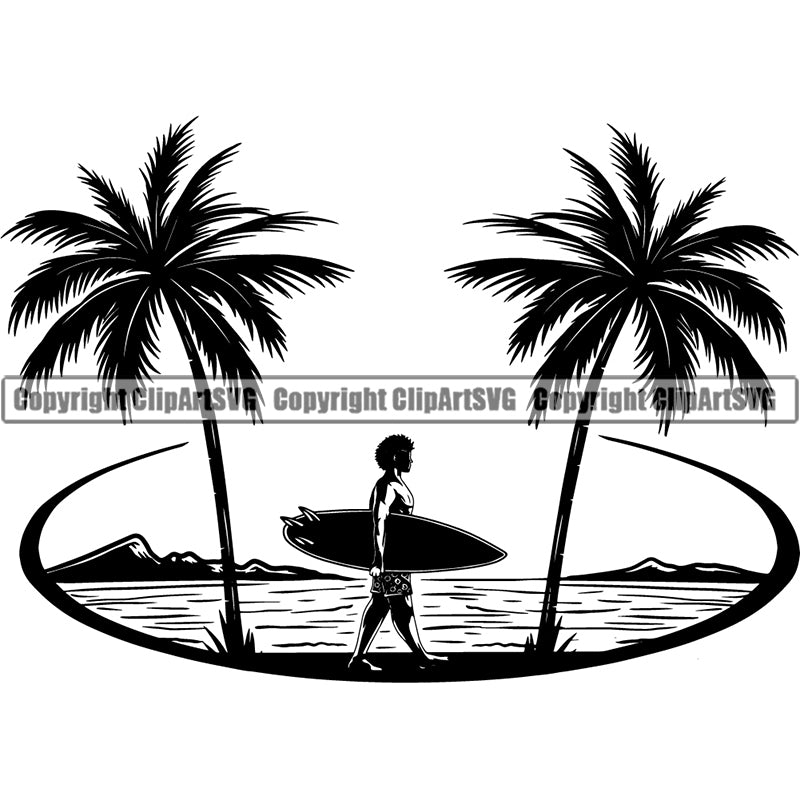 Sports Surfing Surf Logo Man Palm Three Beach ClipArt SVG