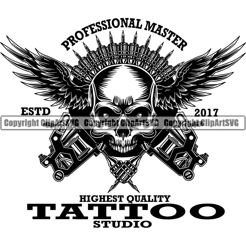 Design Tattoo Parlor Studio Professional Master Skull  Skeleton Angel Wings ClipArt SVG