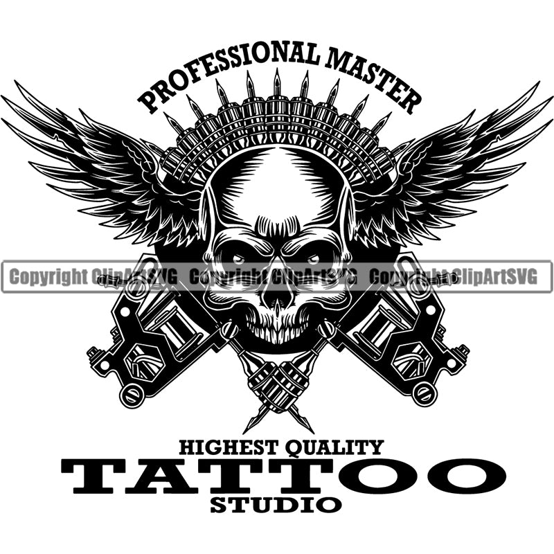 Design Tattoo Parlor Studio Professional Master Skull Skeleton Angel Wings ClipArt SVG