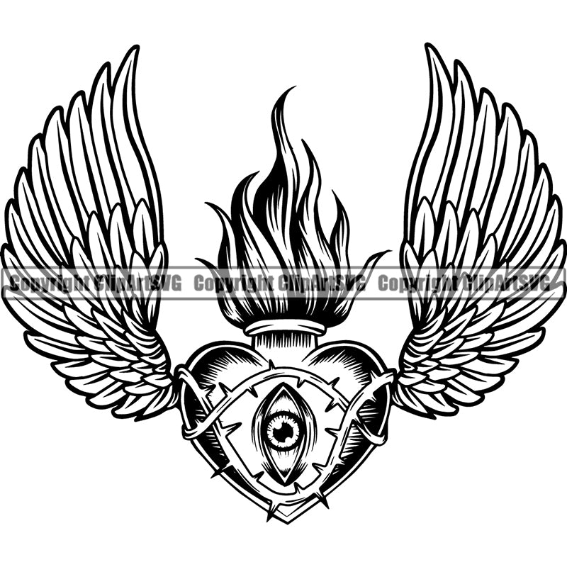 Design Tattoo Artist Heart Eye Fire Spines Wings ClipArt SVG